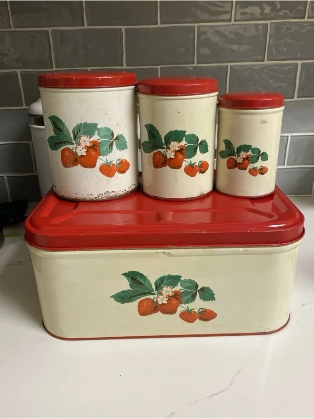 Vintage Strawberry Shabby Chic Hinged Red Metal Bread Box & Canister Set